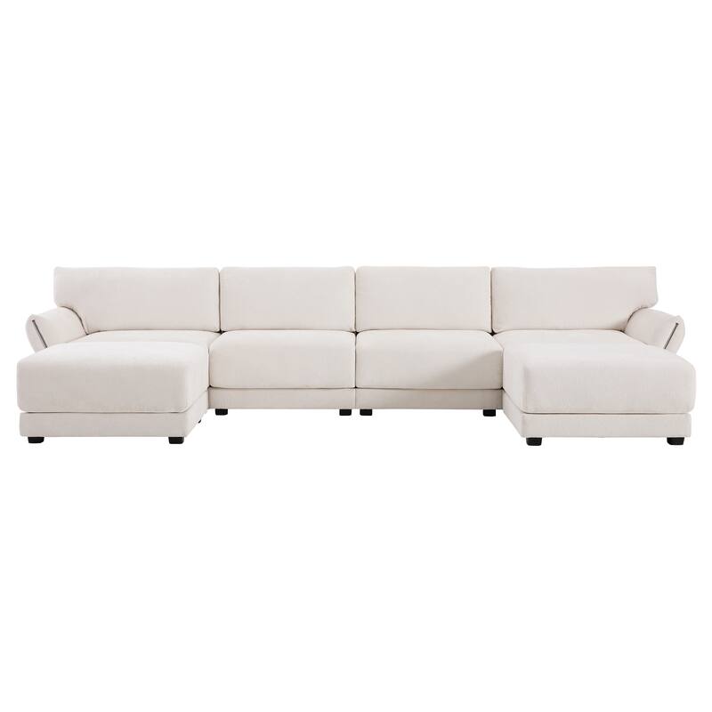 142" Chenille U-Shaped 6-Seater Sectional Sofa with USB/Type-C Charging, Petal Armrests and Free-Move Ottoman