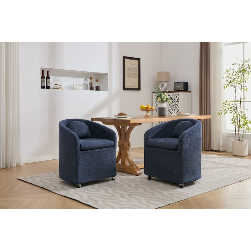Set of 1 Chenille Fabric Dining Armchair With Back Cushion and Universal Wheels,Blue