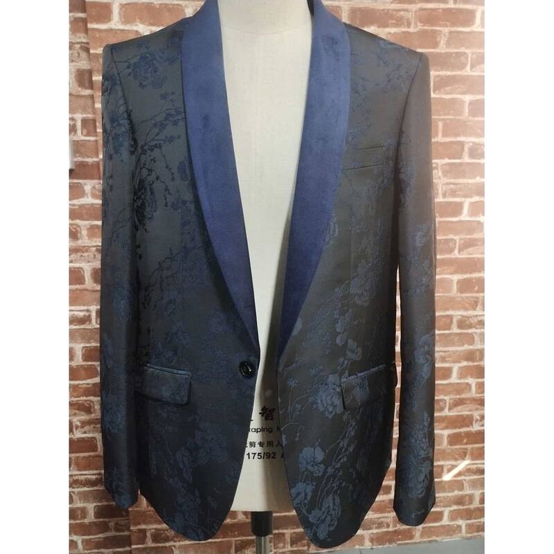 Elie Balleh Mens Navy Floral Shawl Collar Slim Fit Sports Coat