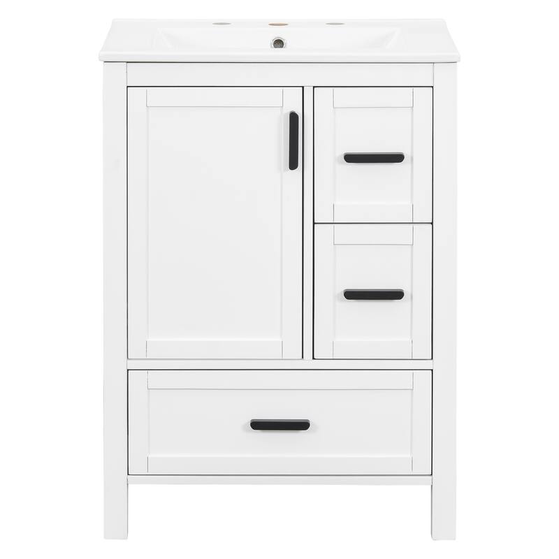 Modern 24" Bathroom Vanity with Ceramic Sink - Soft-Close Door with Double Shelf, 3 Drawers,for Small Spaces