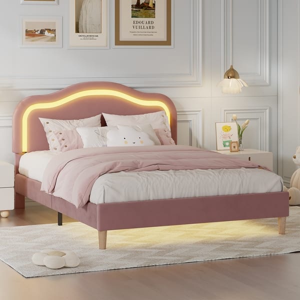 slide 2 of 30, Twin Size Velvet Upholstered Smart LED Kids Bed Frame with Adjustable Headboard and RGB Lights, Easy to Assemble, Pink Pink