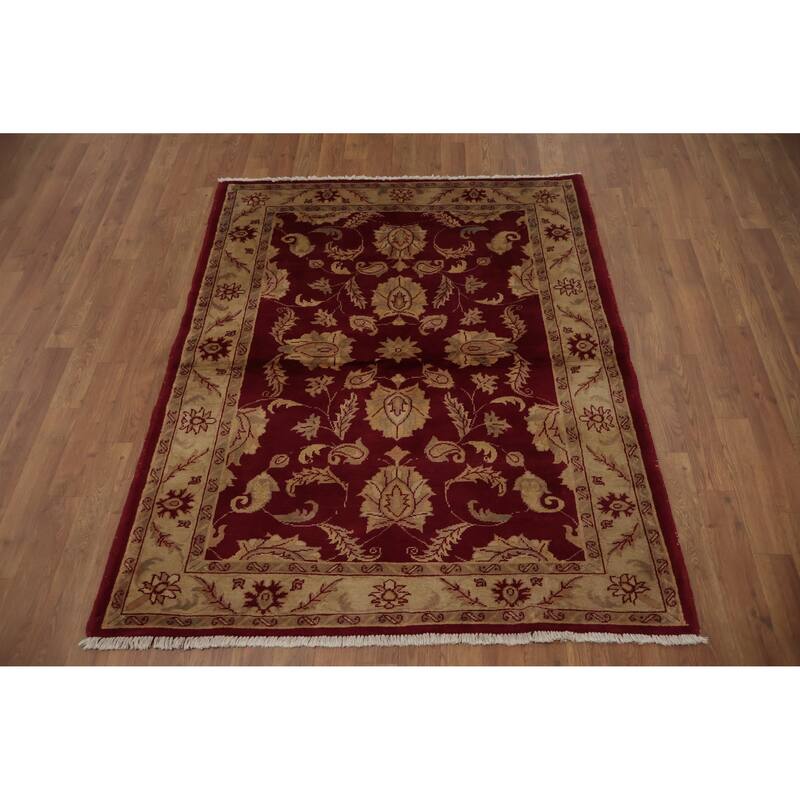 Hand Knotted Oriental 100% Wool Carpet Traditional Floral Red Peshawar Area Rug - 4' 10'' X 4' 0''