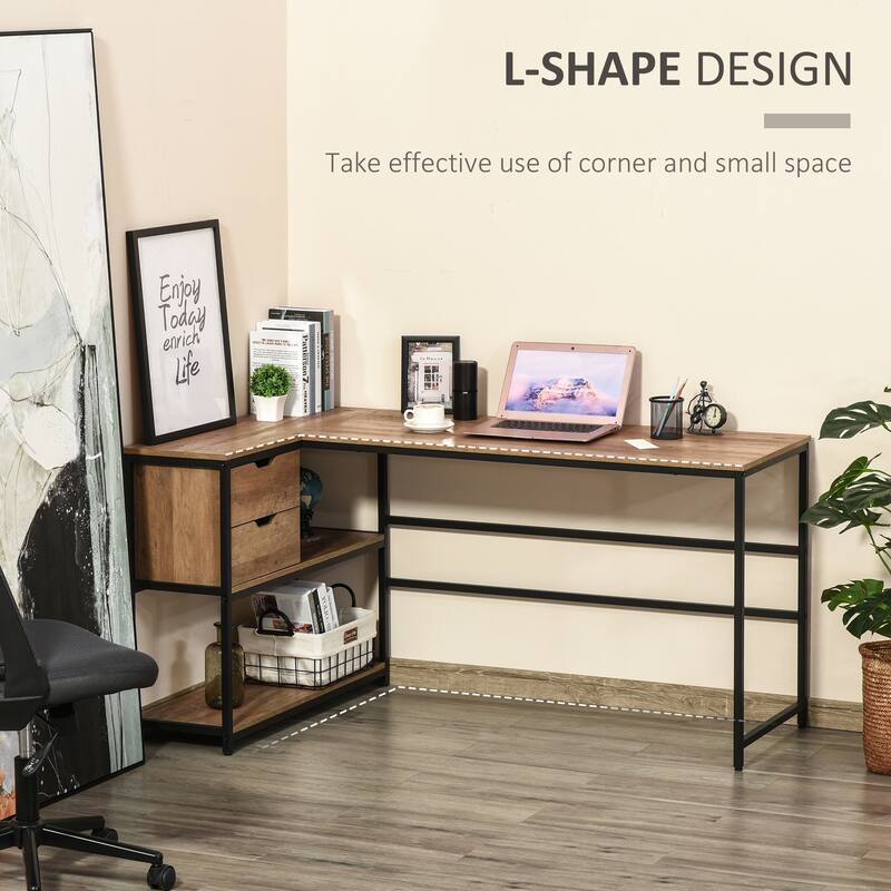 Industrial L Shaped Corner Office Desk with 2 Storage Drawers and Shelves for Compact Home Office or Studio
