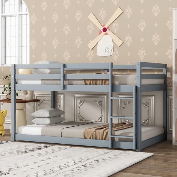 slide 2 of 7, Solid Rubber Wooden Twin over Twin Loft Bed with Ladder, with Bed Platform of Strengthened Slats, Grey Grey