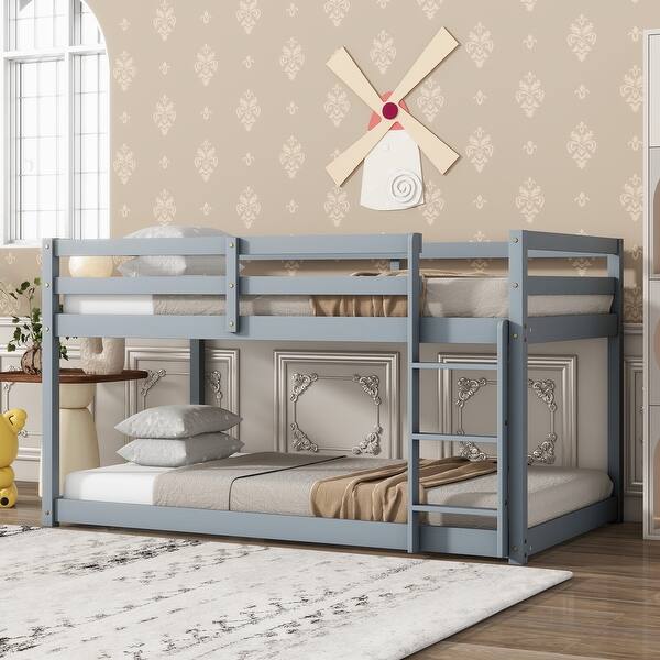 slide 2 of 7, Twin over Twin Wooden Loft Bed with Ladder,with Bed Platform of Strengthened Slats - Gray