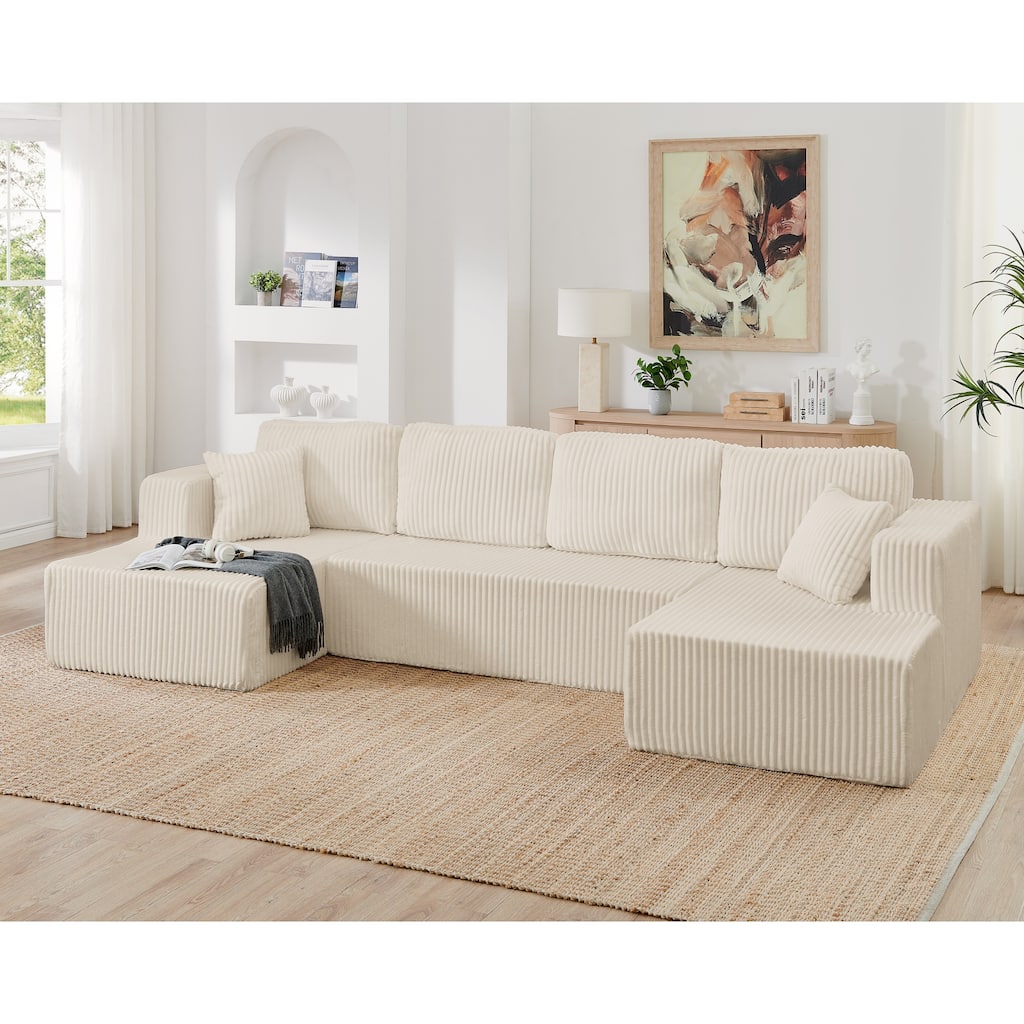 Roomfitters U-Shape Modular Sectional Sofa, Corduroy Sleeper Couch, Modern Compressed Sofa for Living Room