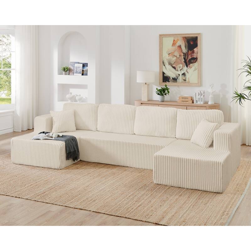 Roomfitters U-Shape Modular Sectional Sofa, Corduroy Sleeper Couch, Modern Compressed Sofa for Living Room - Beige