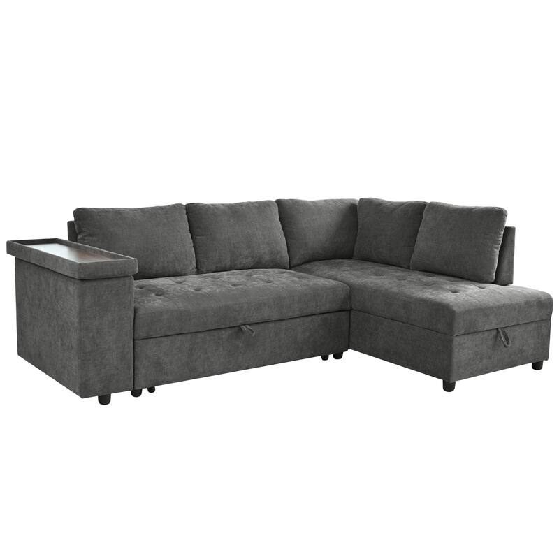 91.5" Polyester L-Shaped Sectional Sofa with Pull-Out Bed, Hidden Storage and Wide Storage Armrests
