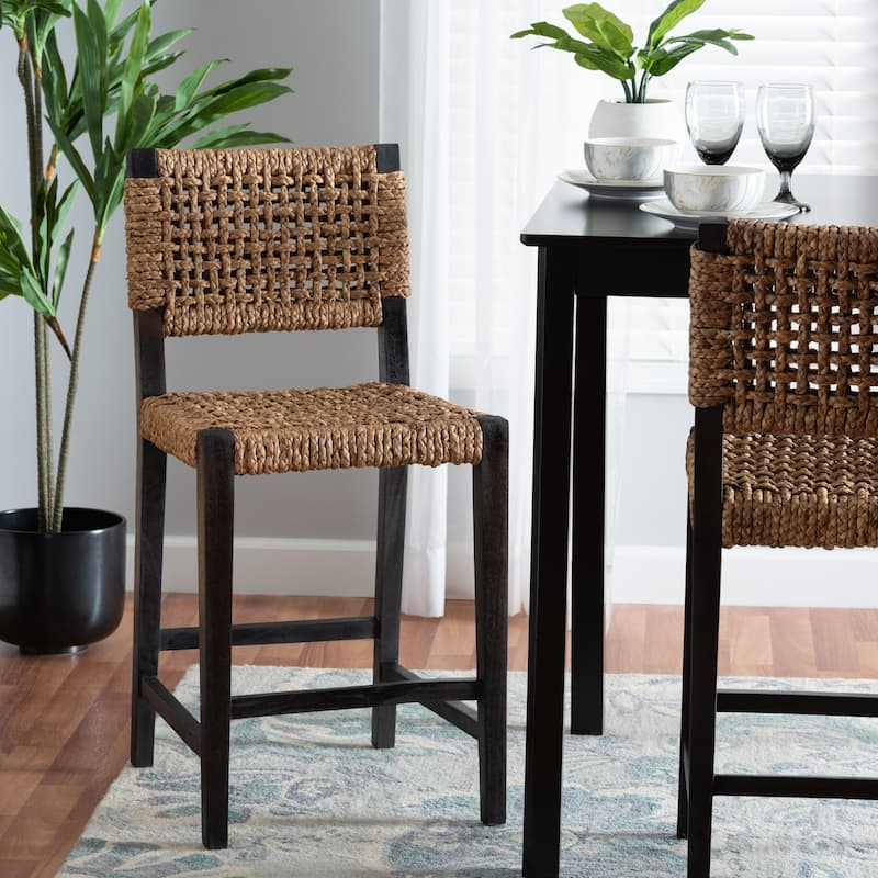 Alise Handwoven Seagrass Counter Stool with Mahogany Wood - Counter-Height Chair for Kitchen Island or Home Bar