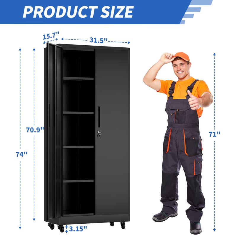 71"H Metal Garage Storage Cabinet with Wheels and Lock, 4 Adjustable Shelves (180lb Each), 3-Point Locking Security