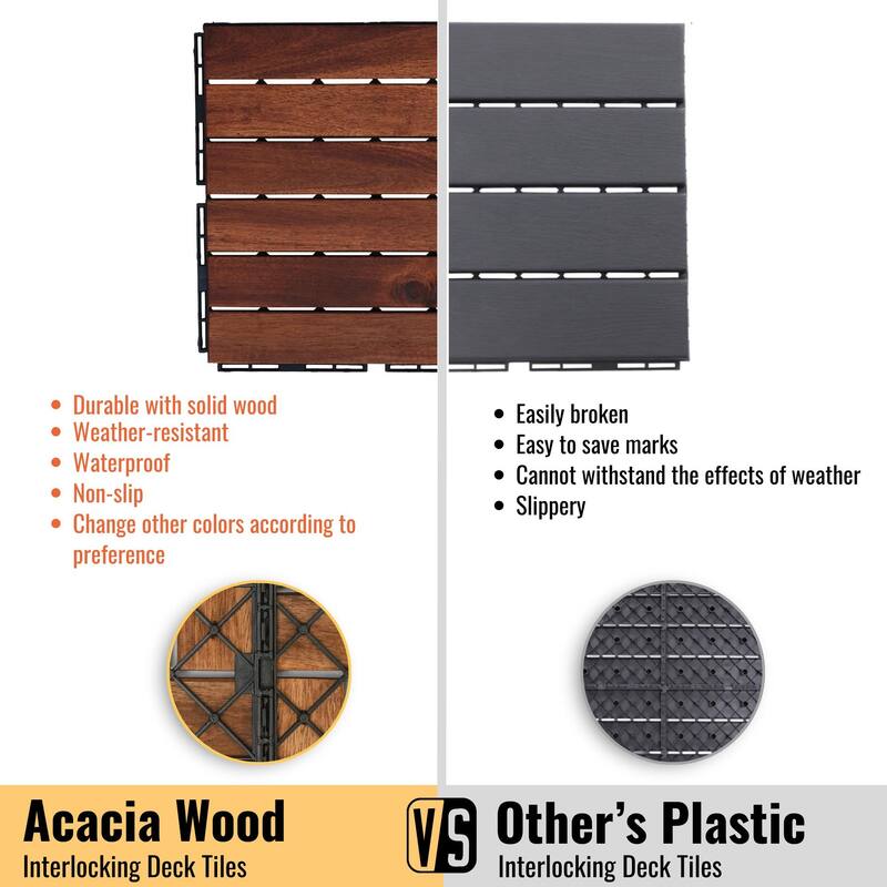 30 PCS Interlocking Deck Tiles Striped Pattern, 12" x 12"Square Acacia Hardwood Outdoor Flooring for Patio,Bancony,Pool Side