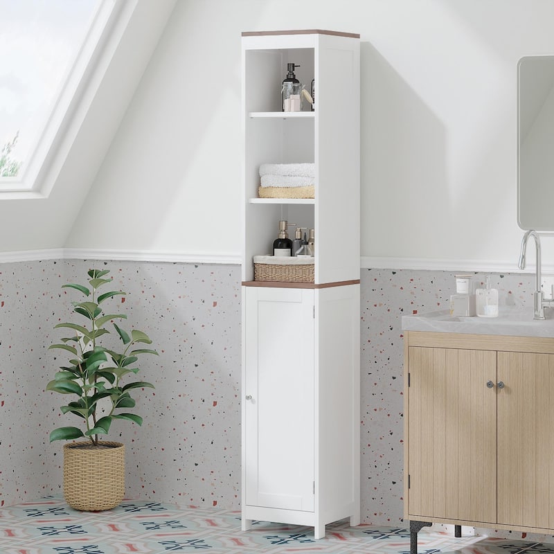 Anmytek Tall Bathroom Storage Cabinet with Reversible Door White Narrow Linen Tower Floor Organizer for Small Spaces - White - 11.81 in. W X 11.81 in. D X 66.93 in. H