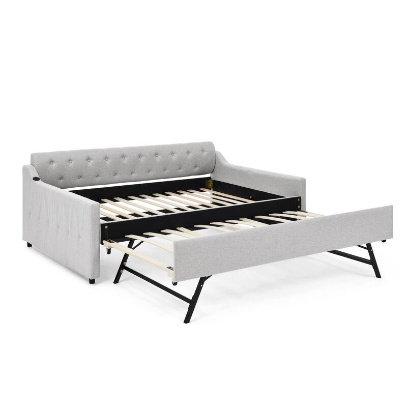 Upholstery Daybed with Erectable Trundle & USB Design