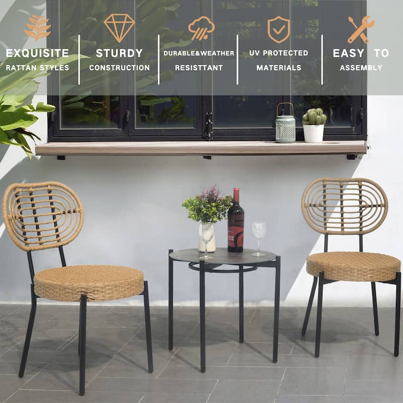 3 Pieces Of Luxury Outdoor Wicker Furniture - Patio Bistro Style Table And Chair Combination,Weather-resistant PE Wicker - Black