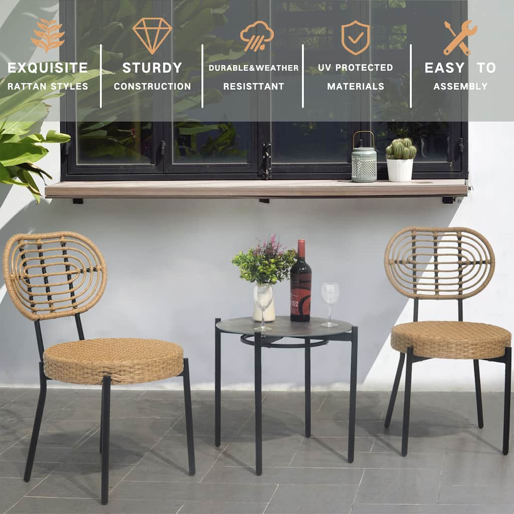 3 Pieces Of Outdoor Wicker Furniture,Patio Bistro Style Table And Chair,Weather-resistant PE Wicker Weave, Stainless Steel Fame