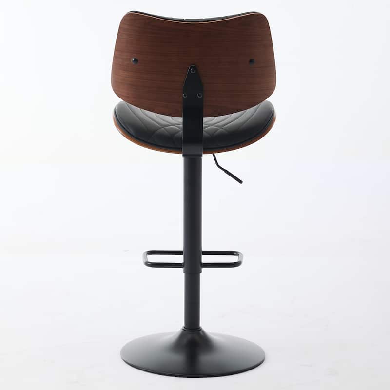 Walnut Bentwood Bar Stools Mid Century Modern Adjustable Counter Height Black Leather Upholstered 360°Swivel Bar Chairs