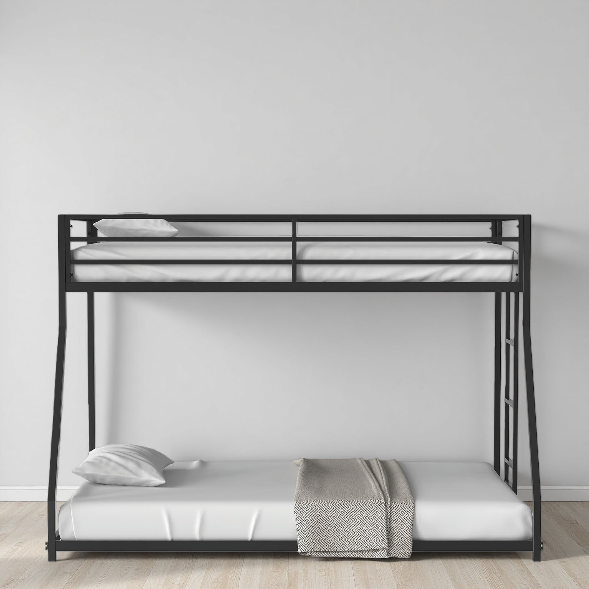 Twin-Over-Full Metal Low Bunk Bed with Attached Ladder, Mattress Ready, Full Metal Construction, Contemporary Style