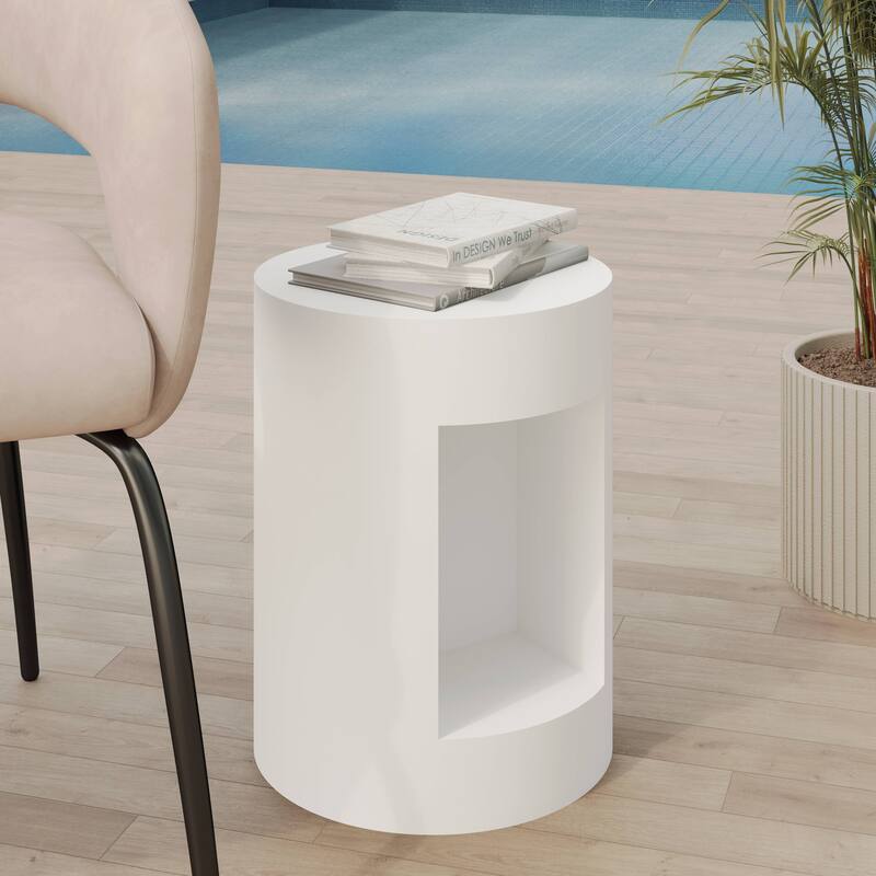 Nook 14" Wide Round Side Table in Fiberstone with Open Storage Compartment