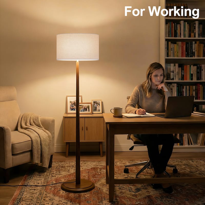 61" Walnut Wood Floor Lamp with Linen Drum Shade, Standing Lamp with Foot Step ON/OFF Switch (Bulb Not Included)