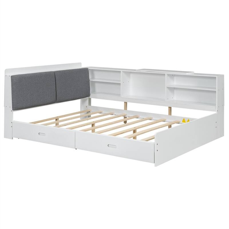 Wood Twin/Full Size Platform Bed w/ L-Shaped Storage Bookcase Headboard, Versatile Daybed w/2 Drawers & Rotatable Storage Board