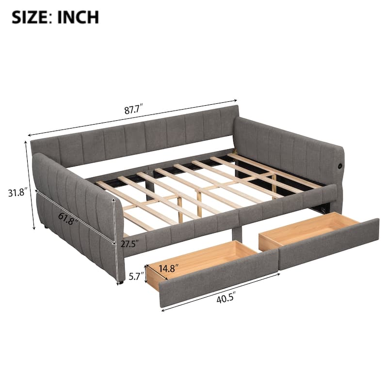 Modern Fabric Upholstered Daybed Queen Size Sofa Bed Frame with Backrest and Armrests, USB Charging Ports, No Box Spring Needed