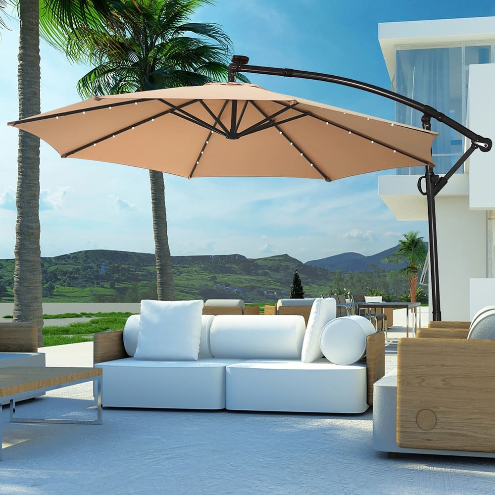 Costway 10FT Patio Offset Umbrella Solar Powered LED 360degrees