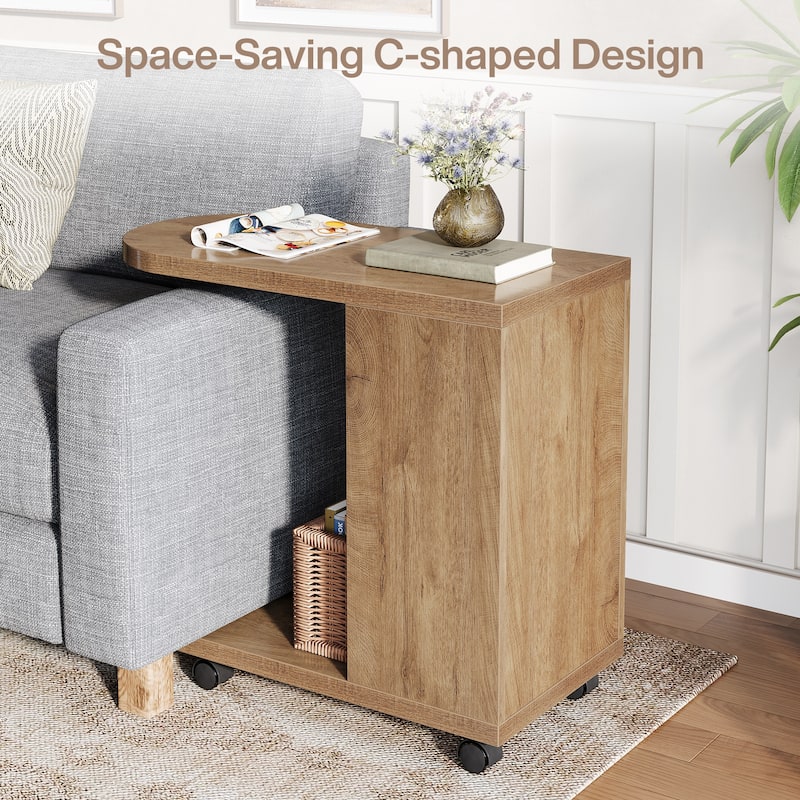 C Shaped Sofa Side Table, Mobile Bedside End Table with Storage
