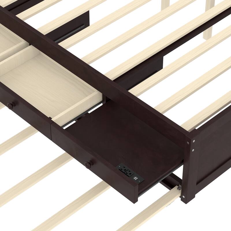 Full Platform Bed with Trundle and 2 drawers, SolidWood Beds with Power strip, Espresso