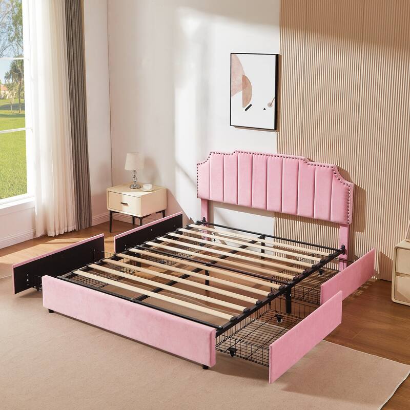 Javlergo Bed Frames with Storage Drawers Upholstered Bed with Tufted Headboard Princess Platform Bed with Wooden Slats Support