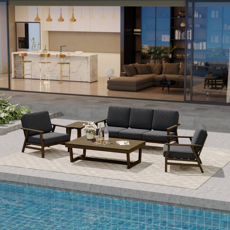 Modern Wood Cushioned Outdoor Patio Sofa Loveseat with Coffee Table