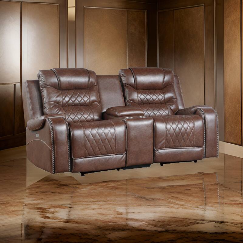 Paul 78 Inch Power Recliner Loveseat, Cupholder Console, Brown Faux Leather