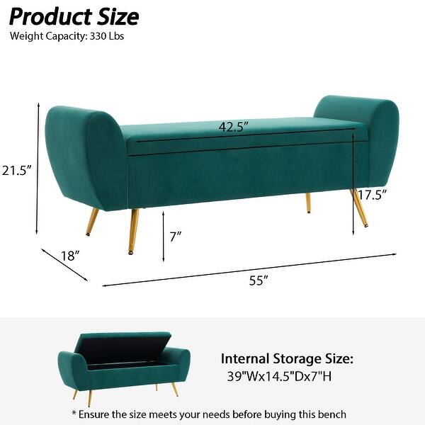 dimension image slide 13 of 20, Upholstered 55"W Flip Top Storage Bench Bedroom Bench Modern End of Bed Bench for Entryway Hallway Window with Gold Legs