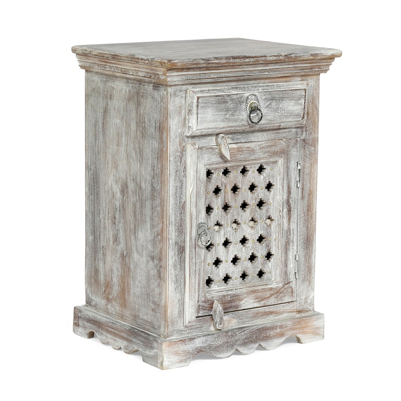 Bohemian Mango Wood Nightstand with Drawer and Cabinet for Bedroom Living Room