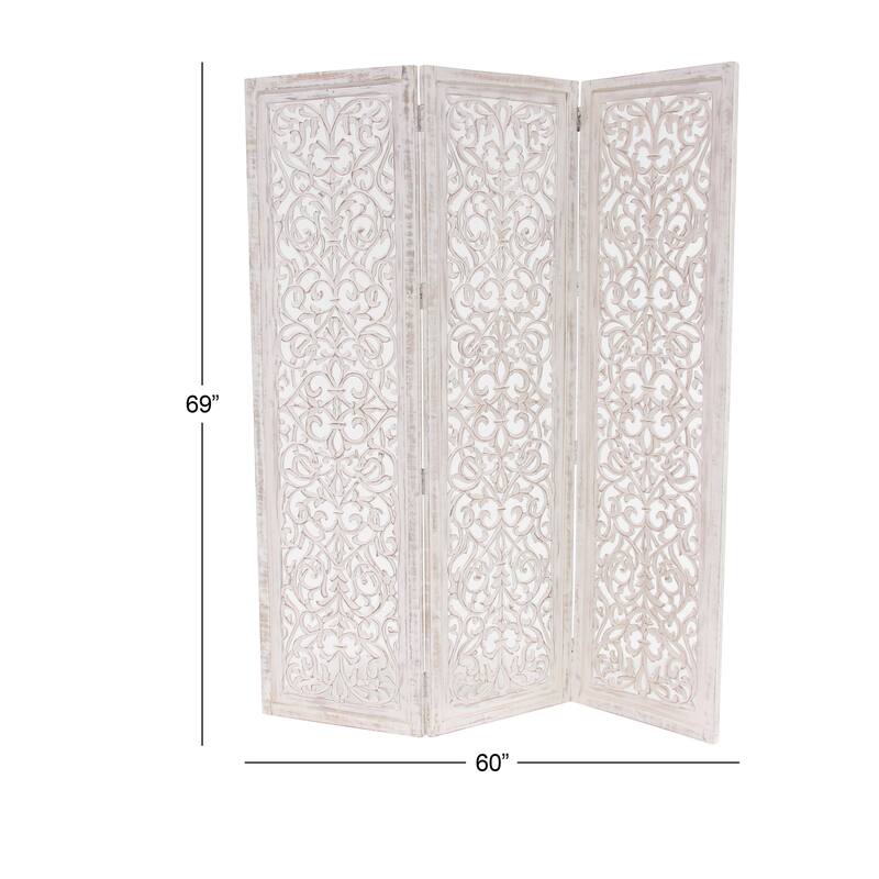 Wooden Floral Handmade Hinged Foldable 3 Panel Room Divider Screen with Intricate Carved Design - White - Roche River Decor
