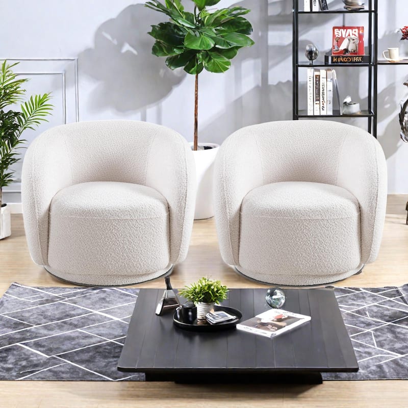 Boucle Fabric Swivel Accent Chairs (Set of 2) with Solid Wood Frames, 360° Swivel Base, and High-Density Foam Cushions - White