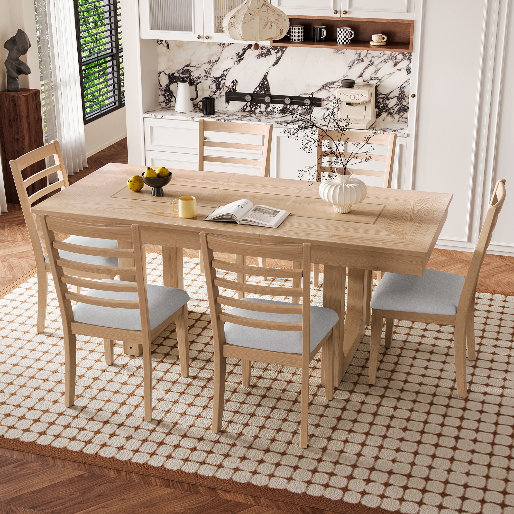 7-Piece Beige Natural Extendable Dining Table Set with Upholstered Chairs