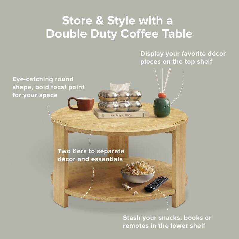 Mopio Logan Solid Wood 2-Tier Coffee Table, Modern Farmhouse Solid Rubberwood with light wire brush L Shaped Leg Joint