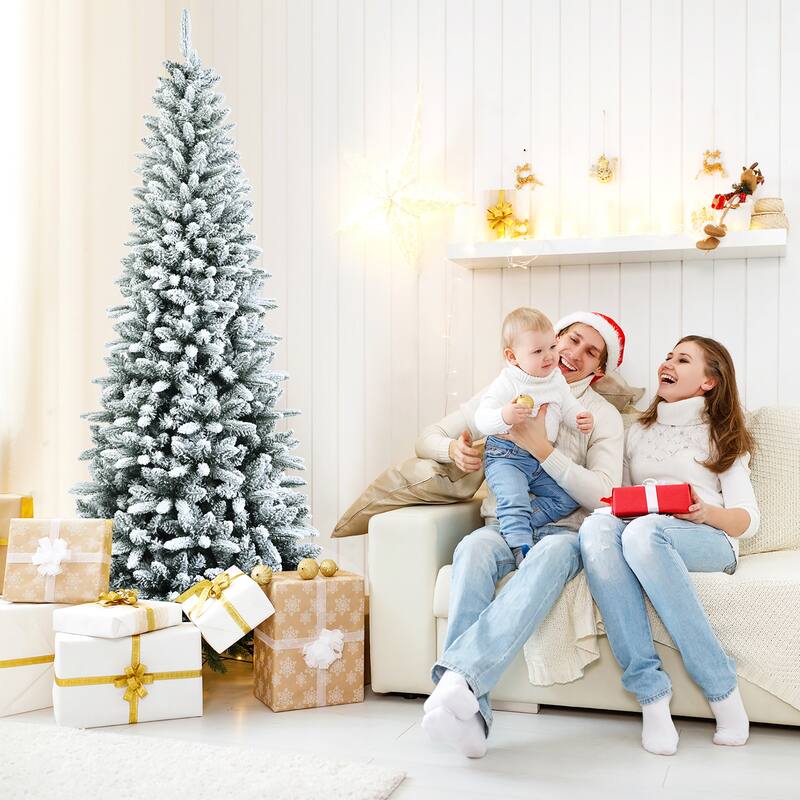 7.5ft Snow-Flocked Hinged Artificial Christmas Pencil Tree w/ 1189