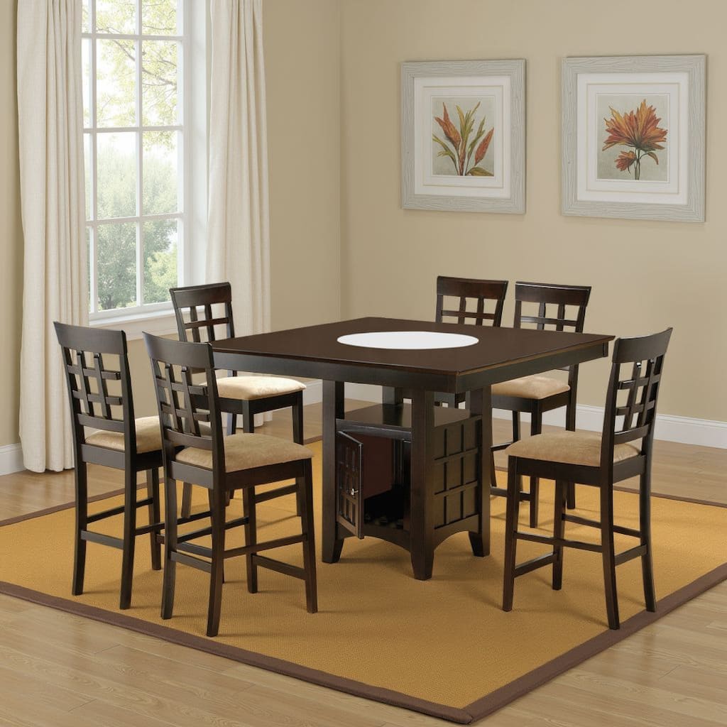 Uric Counter Height Dining Table w Wine Storage, 6 Lattice Chairs, Brown
