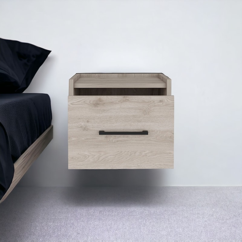 Modern Floating Nightstand with Drawer Wall-Mounted Wood Bedside Table with Metal Accents