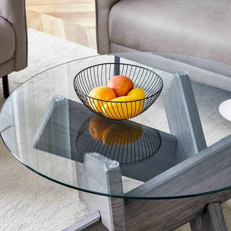 Roomfitters Round Glass Coffee Table with White Patterned MDF Legs, 33.4" Modern Accent Table for Living Room