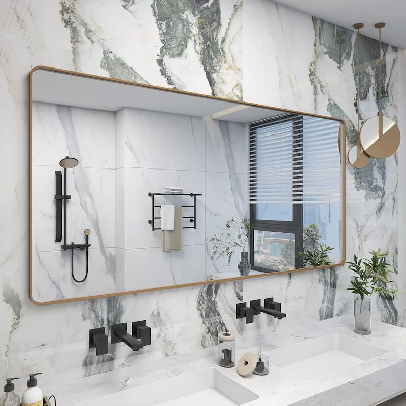 Aluminum Alloy Framed French Cleat Mounted Tempered Glass Wall Vanity Mirror - Gold - 72" x 36"