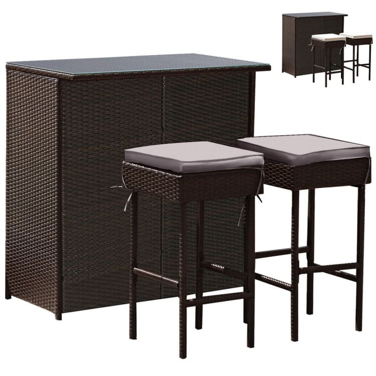 3-Piece Patio Rattan Wicker Bar Set with 2 Cushioned Stools for Outdoor Entertaining - 40" x 24" x 41.5" (L x W x H) - Grey and Off white