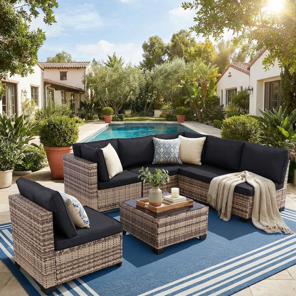 7-Piece Wicker Patio Conversation Set with Cushions,6 Sofas, 1 Table