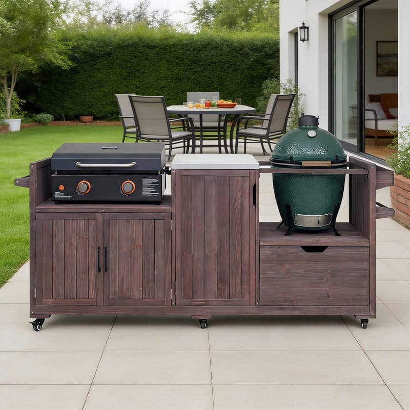Solid Wood 80.5" Outdoor Kitchen Island for Big Green Egg& Blackstone Griddle, Grill Cart Table with Stainless Steel Top