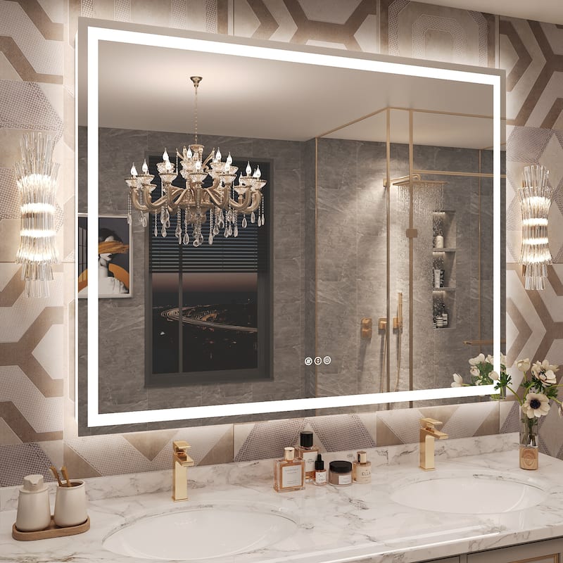 Frameless LED Front Light and Backlit 3 Colors Dimmable Anti-Fog Wall Bathroom Vanity Mirror - 51" x 36"-Square Corner
