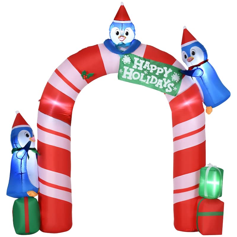 Outsunny 8ft Christmas Inflatable Candy Cane Archway with Three Penguins and Gift Boxes