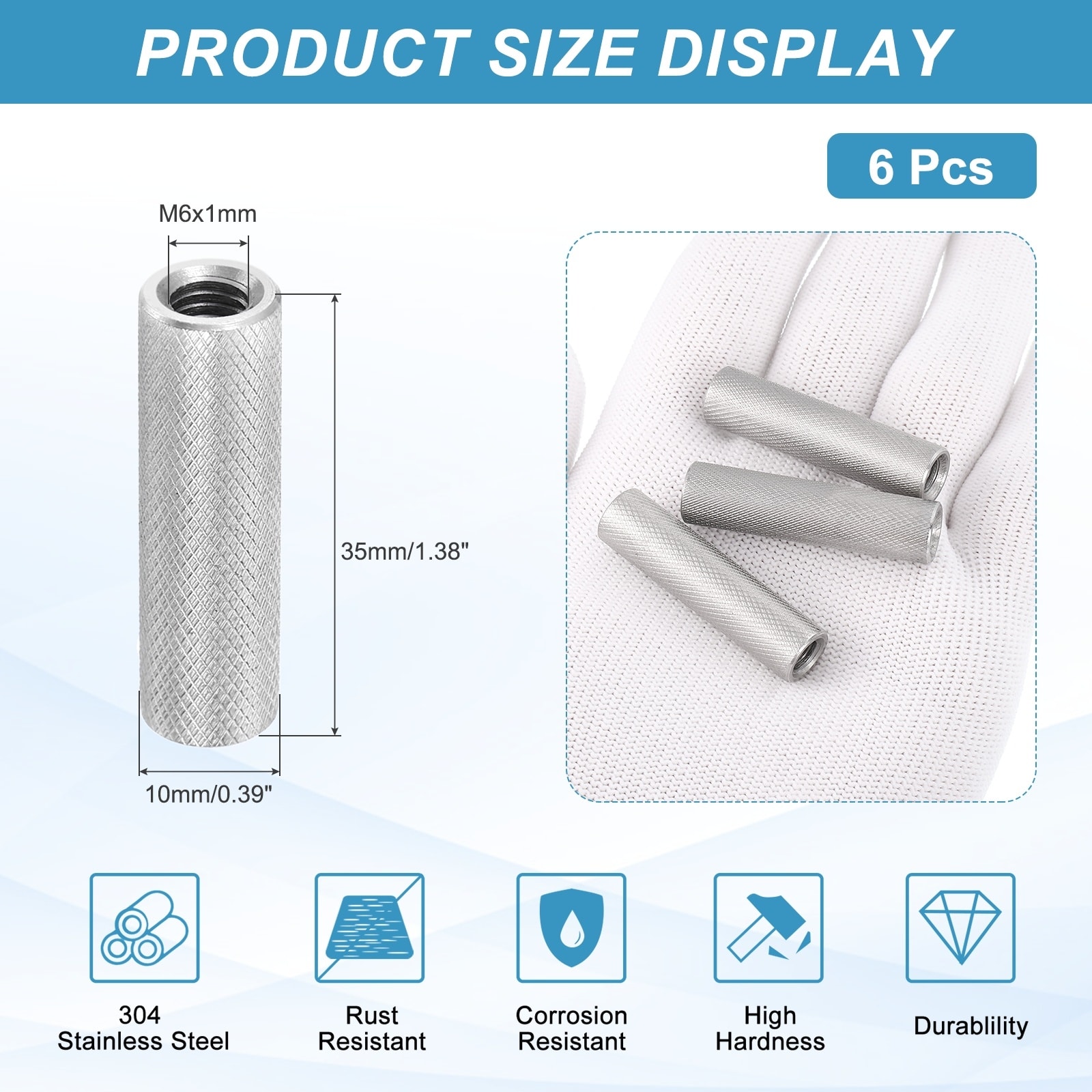 M3 6 Pack 304 Stainless Steel Round Knurled Connector Nuts,0.24"OD x 0.24"H