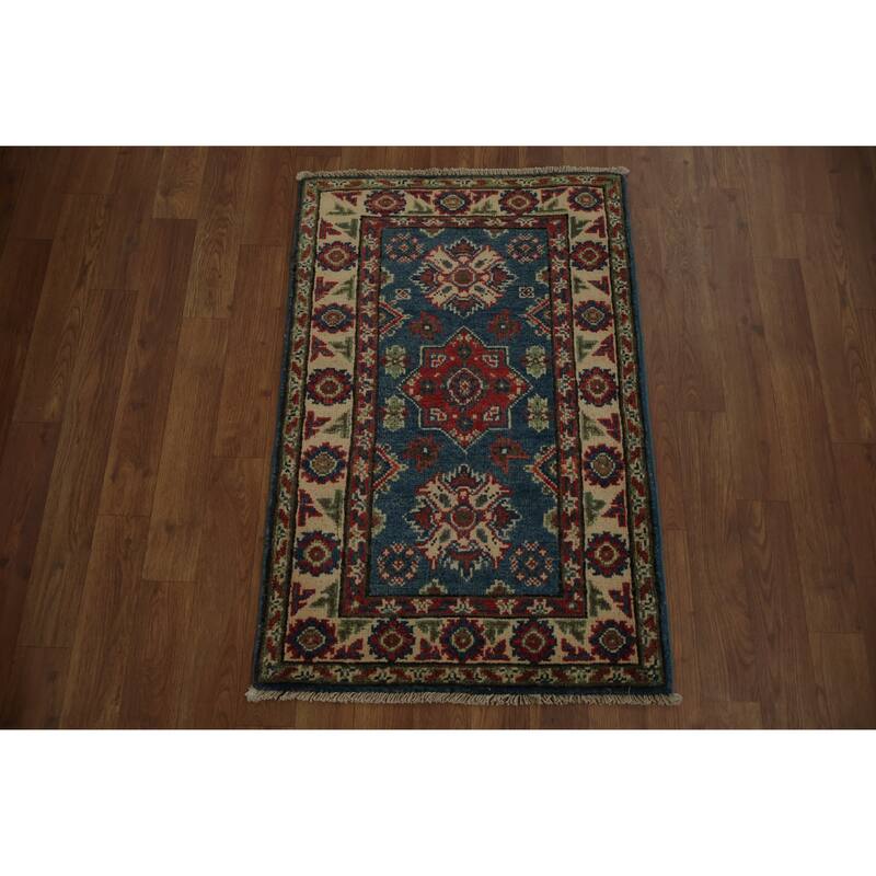Hand Knotted Oriental 100% Wool Carpet Traditional Geometric Navy Blue & Blues Kazak Area Rug - 3' 0'' X 2' 0''