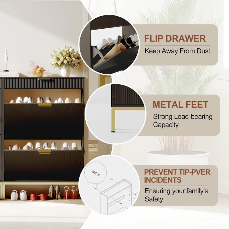 Slim Shoe Cabinet with 2 Flip Drawers & Top Drawer